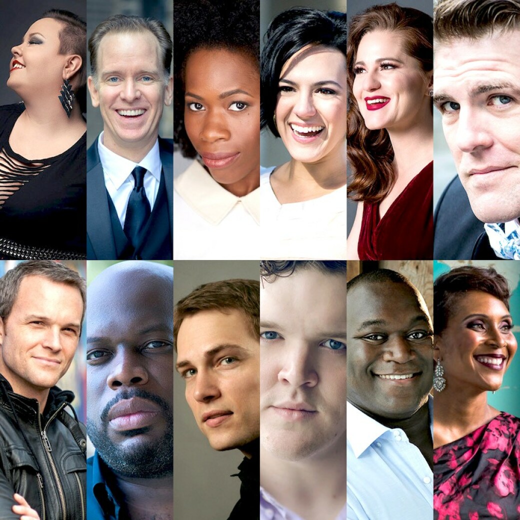 ATLANTA OPERA: The Company Players, part of the Atlanta Opera’s newly configured performance setup. Their faces and voices are as follows: Top row, left to right: Jamie Barton (mezzo soprano), Kevin Burdette (bass), Jasmine Habersham (soprano), Daniela Mack (soprano), Megan Marino (mezzo soprano), Michael Mayes (baritone), and bottom row, left to right, Ryan McKinney (bass-baritone), Morris Robinson (bass), Alek Schrader (tenor), Richard Trey Smagur (tenor), Reginald Smith Jr. (baritone), and Talise Trevigne (soprano). 