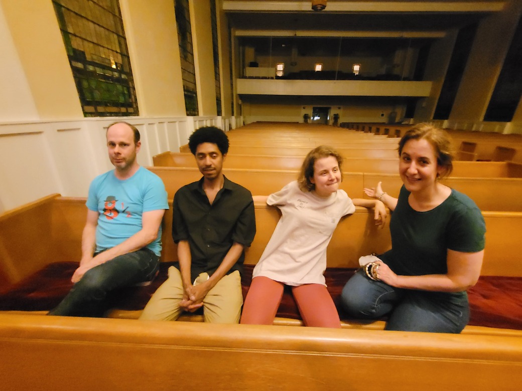 WORLD PREMIERE: Musician/playwright Jeffrey Butzer’s comedy, ‘The Artificial Island,’ is slated for PushPush Theater in College Park. From left: Butzer with cast members London Balbosa, Zoey Laird, and Laurie Sanii.