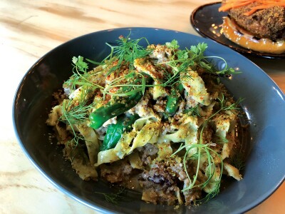 THE HEARTY ONE: Carbonara with fennel sausage and sage gremolata over noodles. Photo by Cliff Bostock.