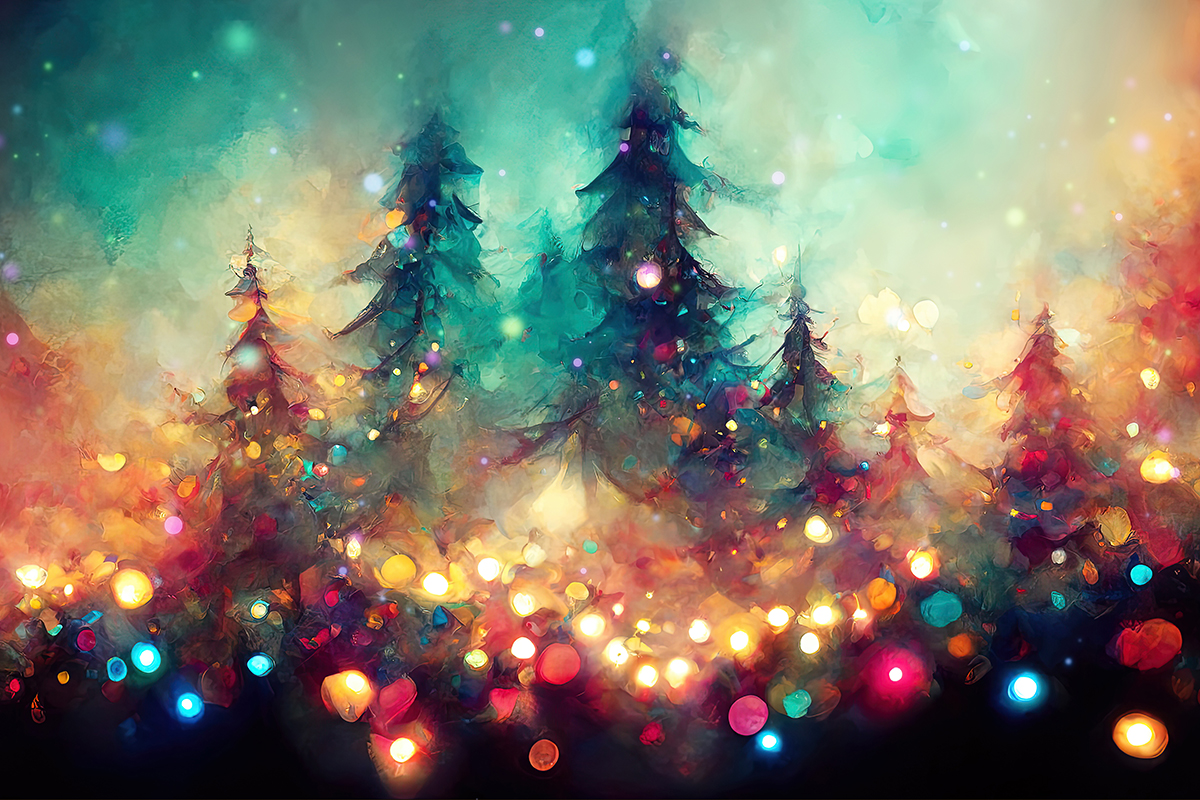 Christmas trees lights watercolor painting