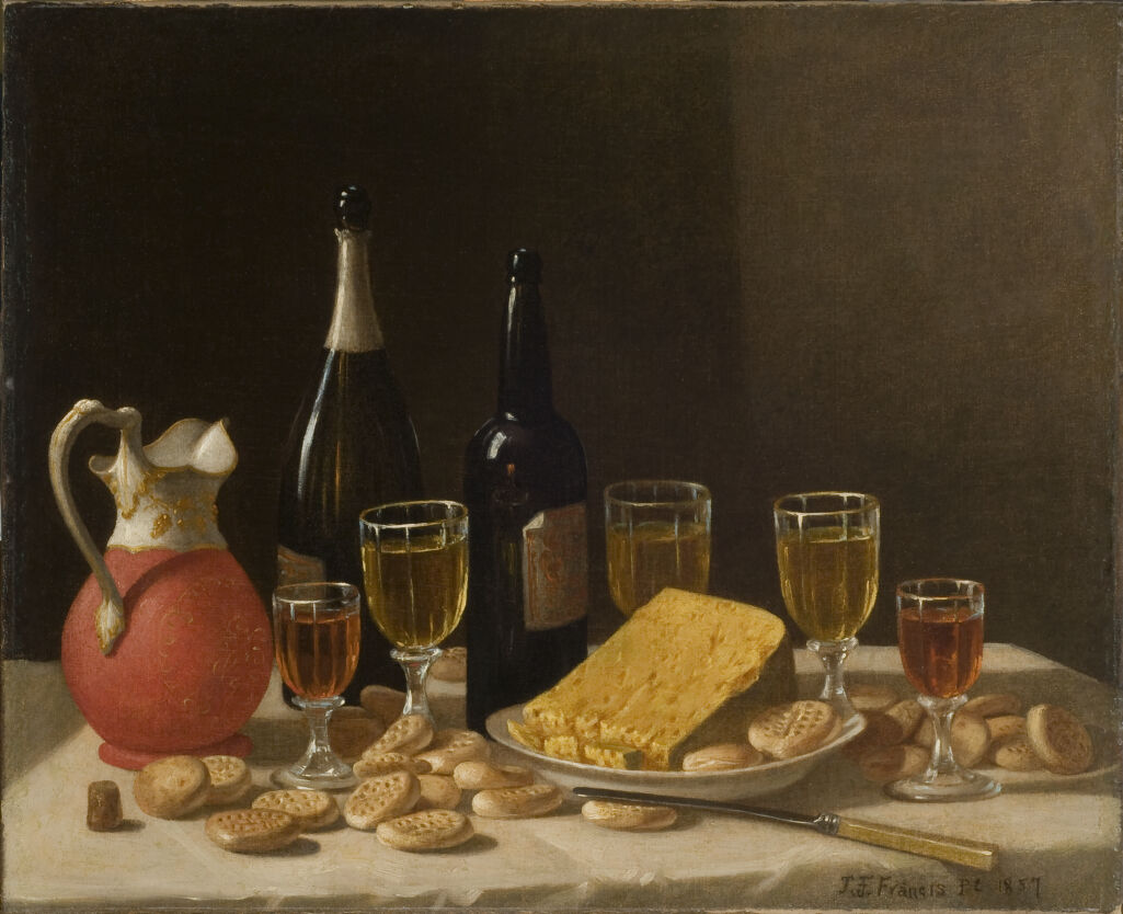 Still Life With Bottles Wine And Cheese