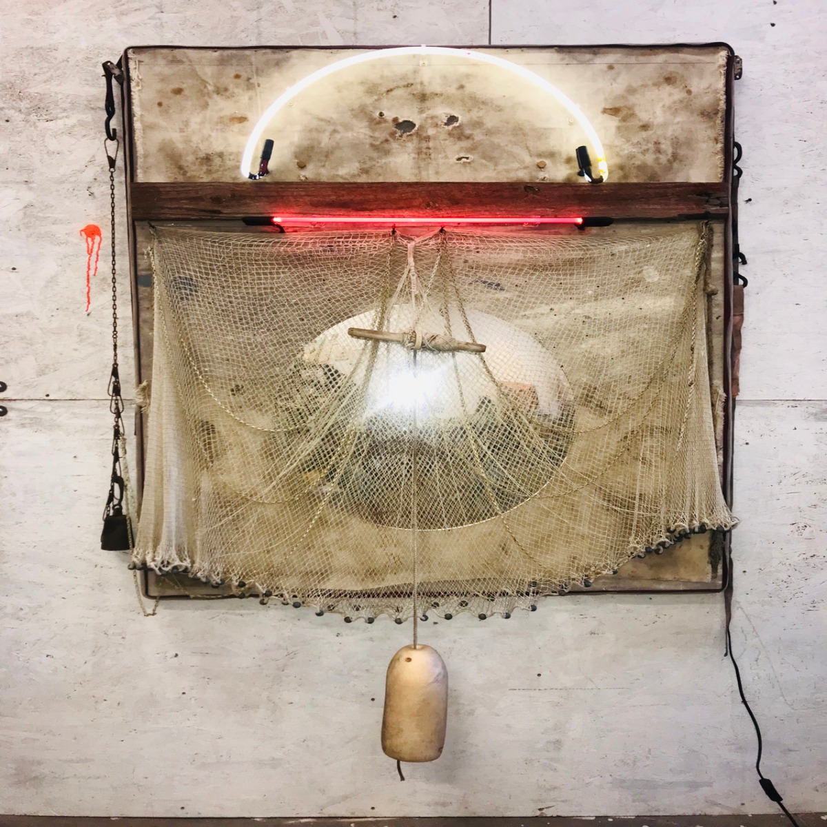 Dreams River 2019 WEB 76x53x7 Morror Fabric Neon Metal Rope Twin Lead Wood Foam On Panel