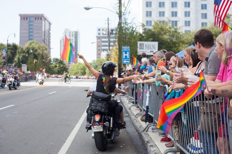 Motorcyclists spread the love at the start of the parade.