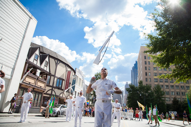 A drill team performs during the Pride Parade.