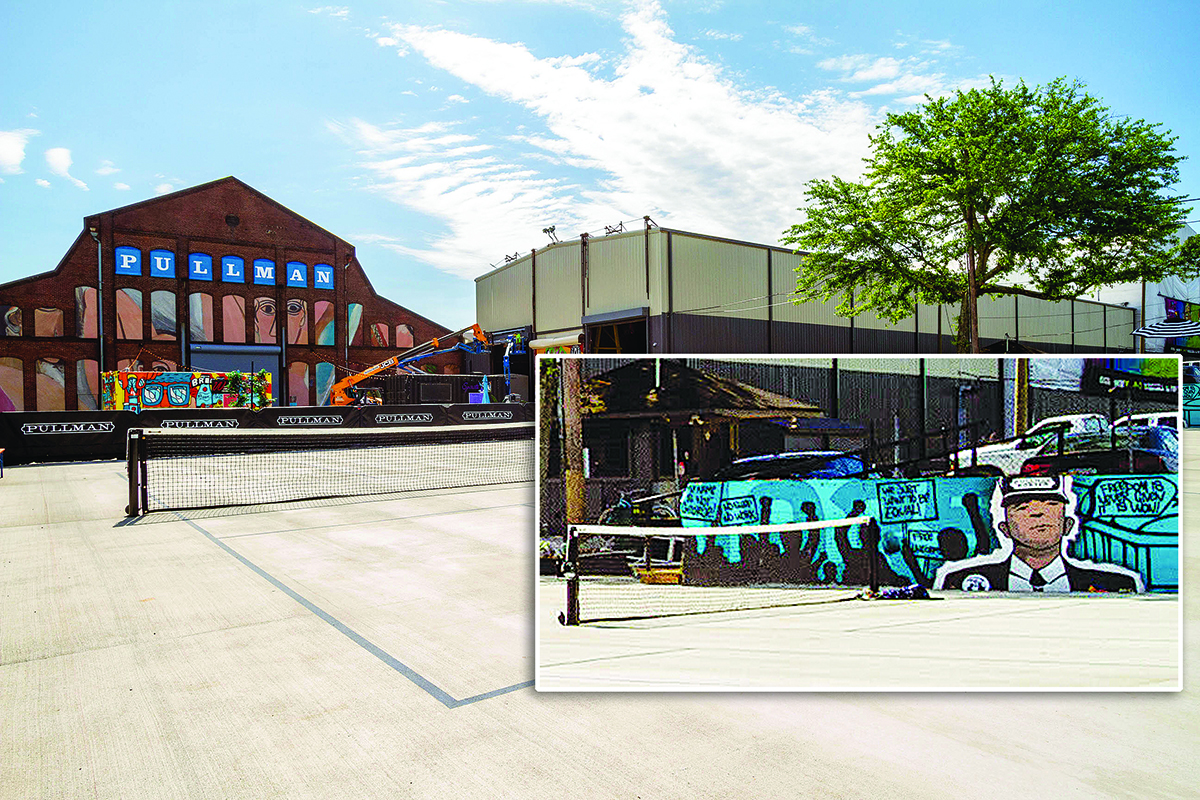 PICKLEBALL ART: Mural on right (inset) depicts Black labor leader A. Philip Randolph. Photo Credit: Courtesy of Departure Institute