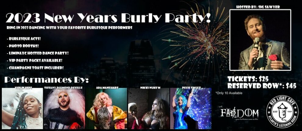 2023 New Years Burly Dance Party The Fandom Nerdlesque At Red Light Cafe Atlanta Ga Dec 31 2022 Banner
