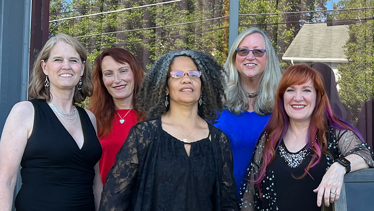 BLUE VELVET BLUES: Blue Velvet Atlanta. From left Dianne DaLee, Sandra Senn, Johanna Millin, Kathie Holmes, Hurricane Red (Kathy Skott-Myhre). Photo credit: Courtesy of bluevelvetatlanta.com