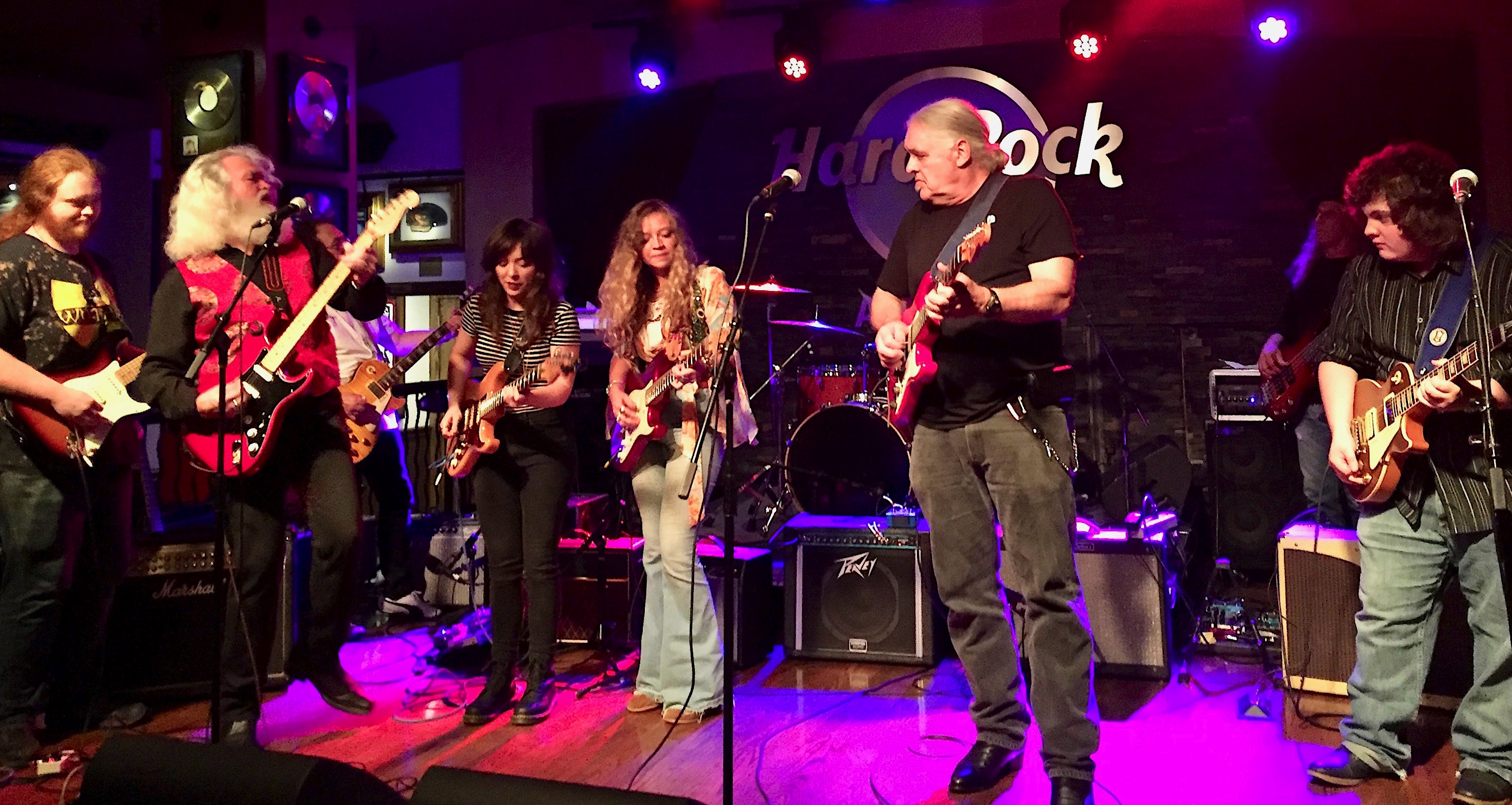 LATE-NIGHT JAM: Guitar Red, George Price, Spencer L. Kirkpatrick, Carly Gibson, Jesse Williams, Roger “Hurricane” Wilson Gary Gilbert, and Reese Boyd (obscured: David Cook, keyboards, and Steve Pace,