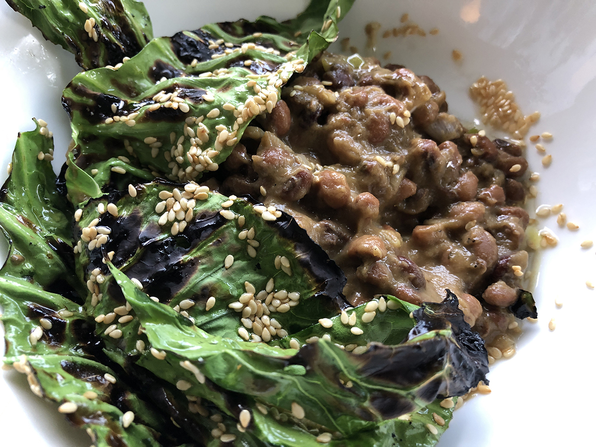 Baby collards with Sea Island red peas. Photo by Cliff Bostock.