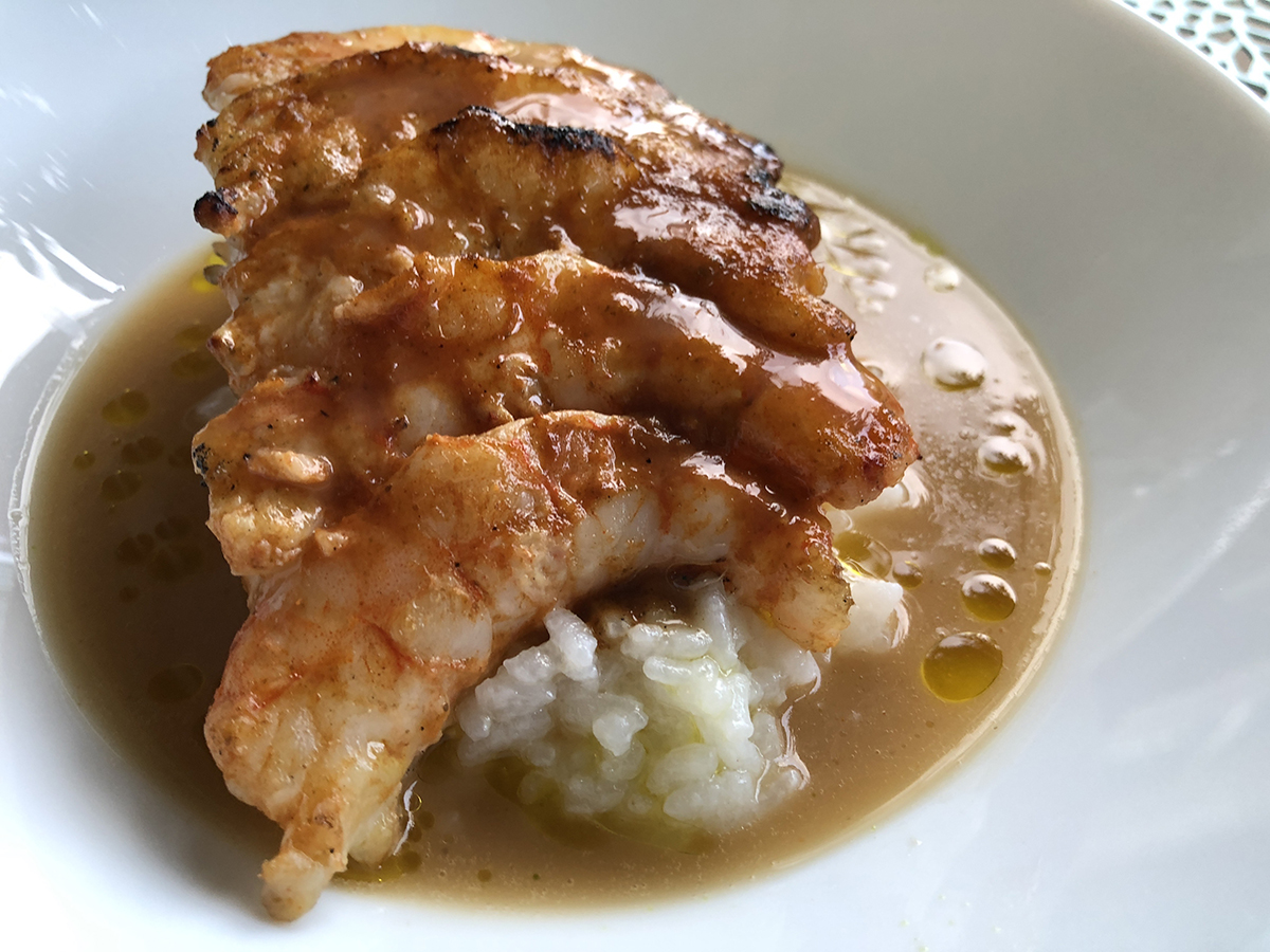 Grilled shrimp over Carolina Gold Rice. Photo by Cliff Bostock.