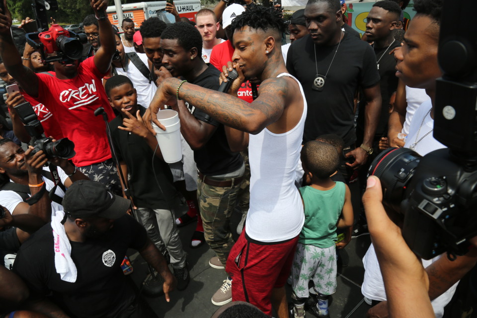 STYROFOAM CUP IN HAND: 21 Savage took the stage to perform "Bank Account" from his latest album, "Issa." Photo credit: Brandon English