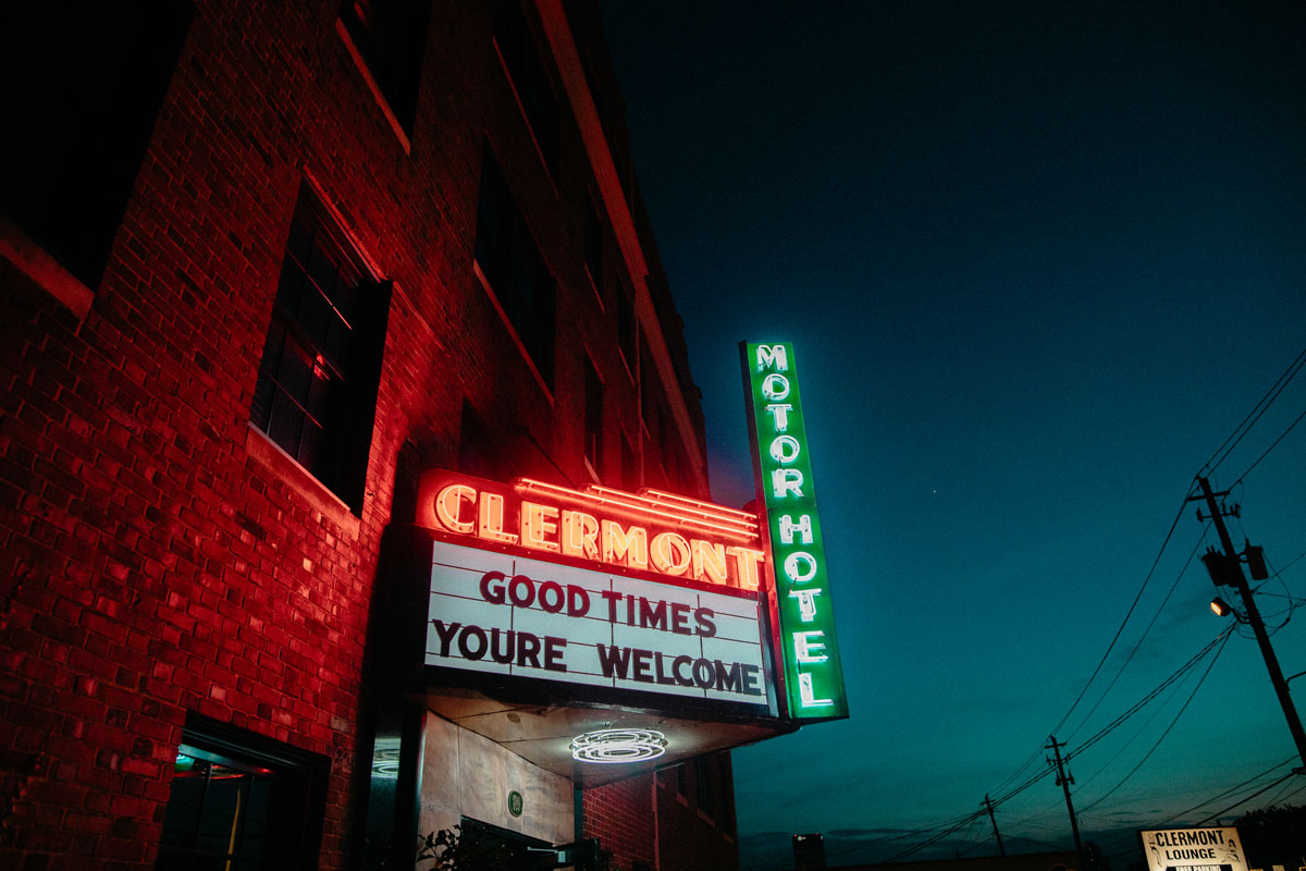 Hotel Clermont Opening Sign At Night