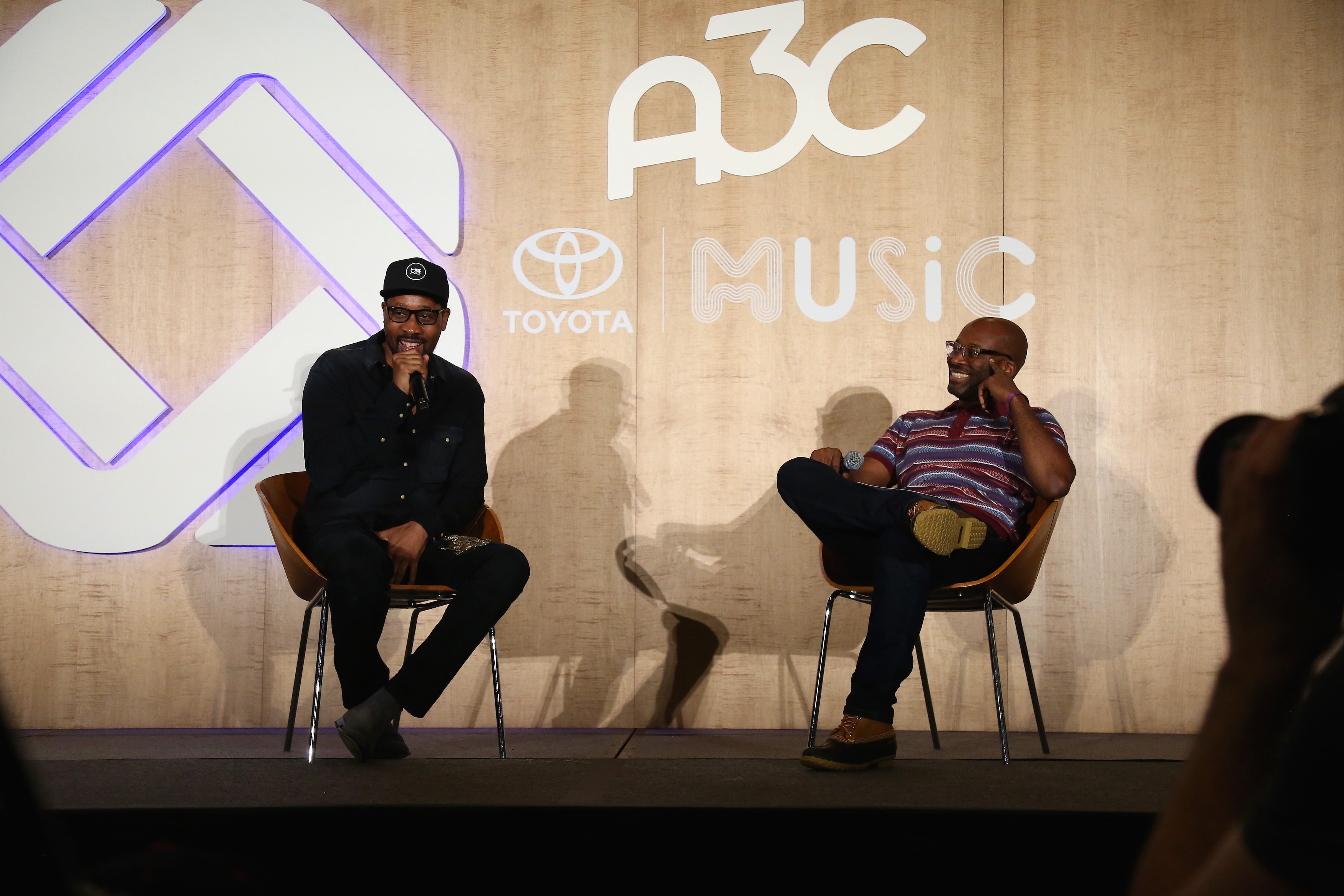RZA (left) interviewed by NPR's Rodney Carmichael at the Loudermilk Center. Photo by Brandon English.